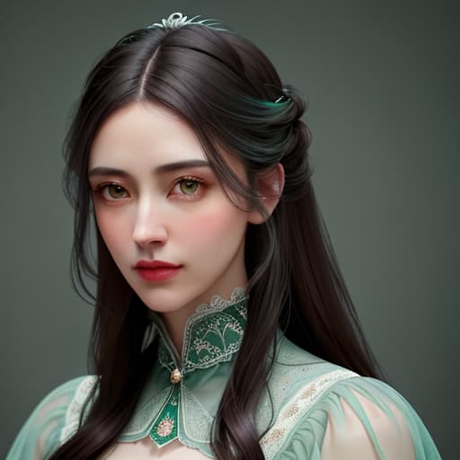  portrait of pretty girl, dark hair, gray eyes, wearing a high necked victorian era style green dress, breathtaking, documentary photography, macro photography, Bioluminescent, Cinematic, wallpaper, digital painting, 8k, lush detail, sharp focus, far shot, full focuse, Soft, Subsurface, Translucency hyperrealistic, full body, detailed clothing, highly detailed, cinematic lighting, stunningly beautiful, intricate, sharp focus, f/1. 8, 85mm, (centered image composition), (professionally color graded), ((bright soft diffused light)), volumetric fog, trending on instagram, trending on tumblr, HDR 4K, 8K