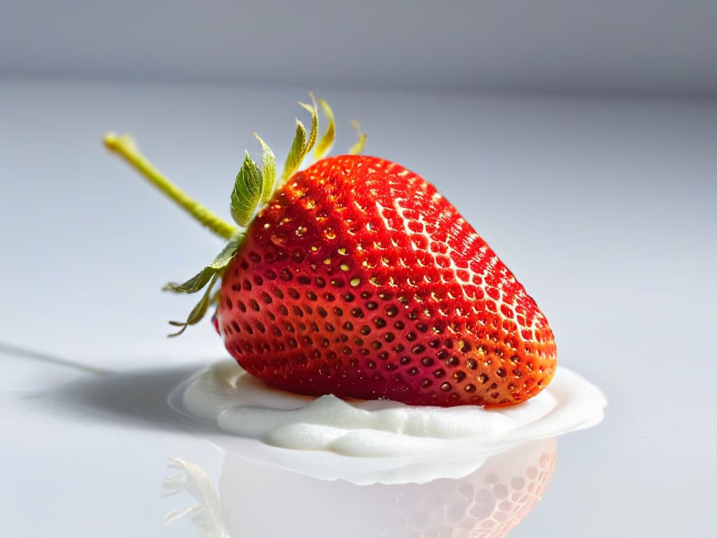  A closeup, ultradetailed image of a perfectly ripe, vibrant red strawberry with glistening droplets of water on its surface, set against a stark white background. The strawberry is flawlessly symmetrical, showcasing every tiny seed on its surface, and the water droplets refract the light, creating a sparkling effect. The minimalistic composition highlights the natural beauty and freshness of the fruit, making it an enticing focal point for the article on creating unique desserts with Fair Trade ingredients. hyperrealistic, full body, detailed clothing, highly detailed, cinematic lighting, stunningly beautiful, intricate, sharp focus, f/1. 8, 85mm, (centered image composition), (professionally color graded), ((bright soft diffused light)), volumetric fog, trending on instagram, trending on tumblr, HDR 4K, 8K