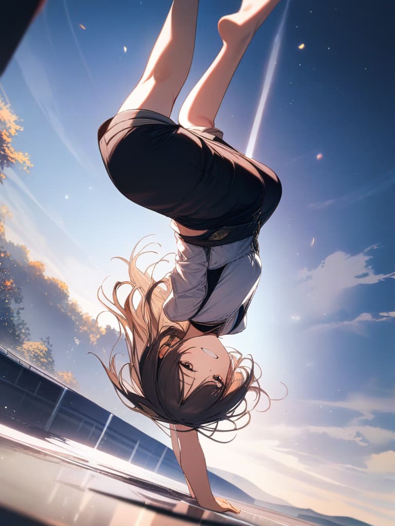  (solo,girl,happy smile,upside down,handstand,balancing:1.5),pants style,, masterpiece, best quality,8k,ultra detailed,high resolution,an extremely delicate and beautiful,hyper detail