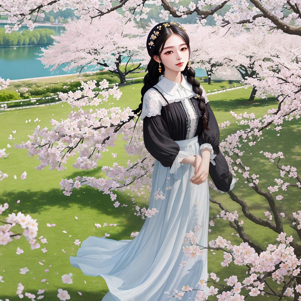  masterpiece, best quality,(fidelity: 1.4), best quality, masterpiece, ultra high resolution, 8k resolution, maiden, beautiful maiden, delicate features, black hair, braids, hair band accessories, floral accessories, park background, cherry tree