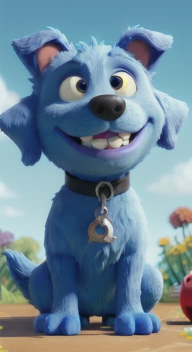  {Max carefully picking up the ball with his teeth without disturbing the flowers, The big blue dog is large with sky blue fur, big round eyes, a black nose, and floppy ears.