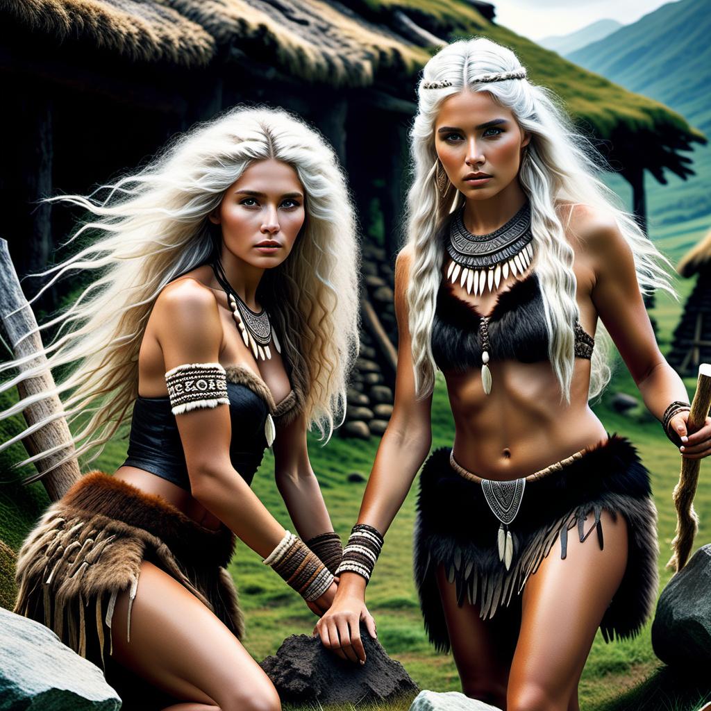  concept art hyper realistic ultra detailed RAW photograph of a two young stone age woman processes a piece of bone, outdoor, at full heigh body, with white hair, perfect symmetric black eyes, gorgeous face, undyed fur clothing, wild lush curly warm white long hair, different hair, action pose, full heigh body, stone age village, intricately detailed, perfect contrast, sharp focus, depth of field, ultra detailed, raytraced, global illumination, smooth, ultra high definition, 8k, unreal engine 5 . digital artwork, illustrative, painterly, matte painting, highly detailed