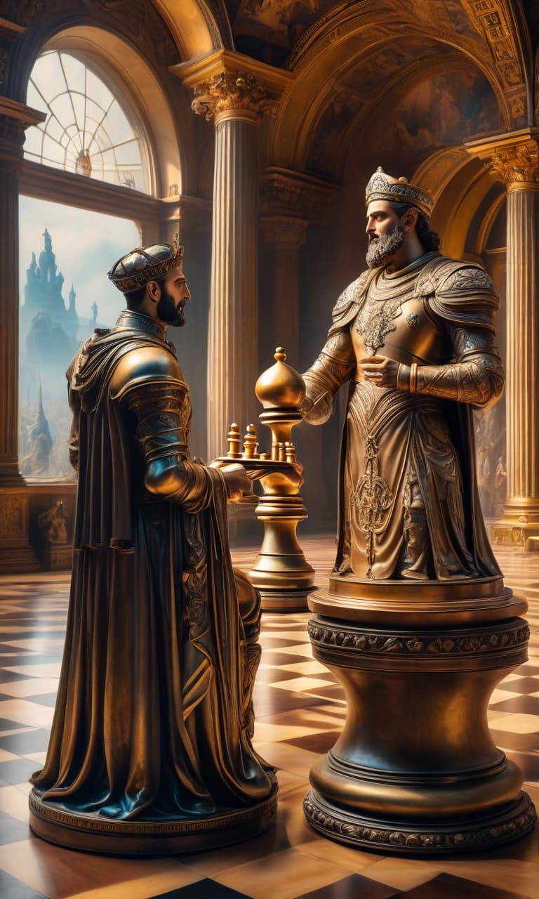  Oil painting. A surreal digital image. Far background. Panoramic view. Two antique statues playing chess. Background: hall of antique sculpture in a museum. Surrealist abstractionism. Pastel colors. Sabbas Aptheros, Alfonso Mucha, Karol Bak, Gustav Klimt. High detail. High contrast. High quality. HDR hyperrealistic, full body, detailed clothing, highly detailed, cinematic lighting, stunningly beautiful, intricate, sharp focus, f/1. 8, 85mm, (centered image composition), (professionally color graded), ((bright soft diffused light)), volumetric fog, trending on instagram, trending on tumblr, HDR 4K, 8K