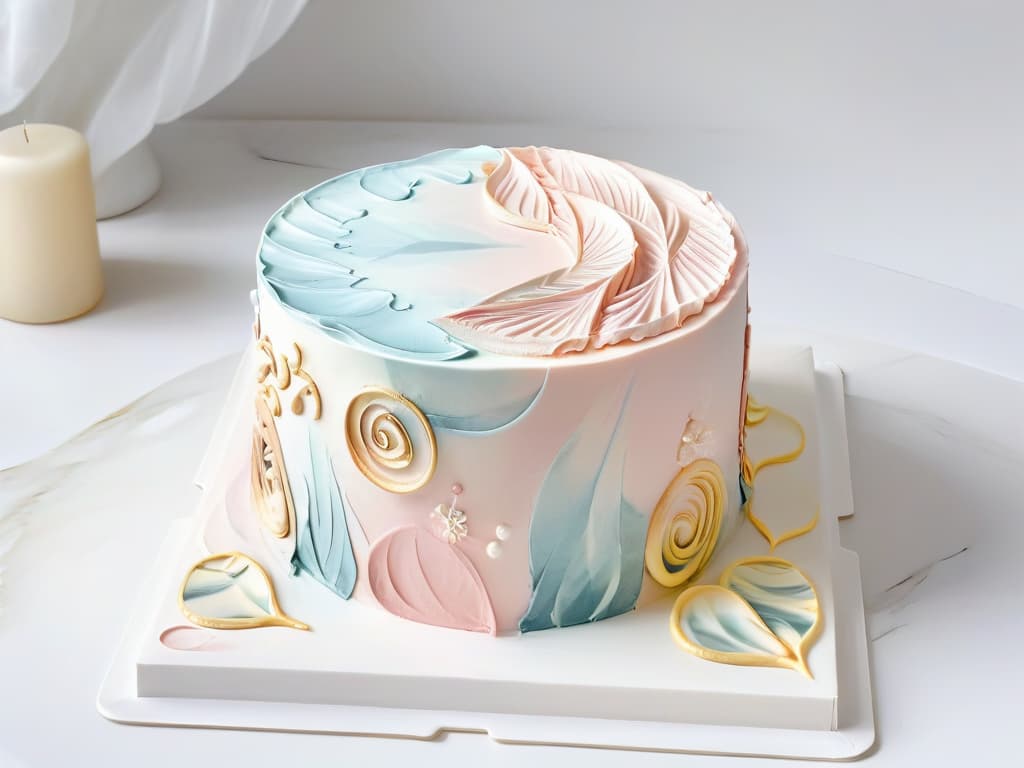  A luxurious, minimalistic cake adorned with intricate swirls and patterns created entirely with edible paint in soft pastel hues, sitting on a sleek marble platter against a clean white background. The details of the edible paint designs are so precise that they appear almost lifelike, showcasing the artistry and elegance that can be achieved with edible paint in creative pastry decoration. hyperrealistic, full body, detailed clothing, highly detailed, cinematic lighting, stunningly beautiful, intricate, sharp focus, f/1. 8, 85mm, (centered image composition), (professionally color graded), ((bright soft diffused light)), volumetric fog, trending on instagram, trending on tumblr, HDR 4K, 8K