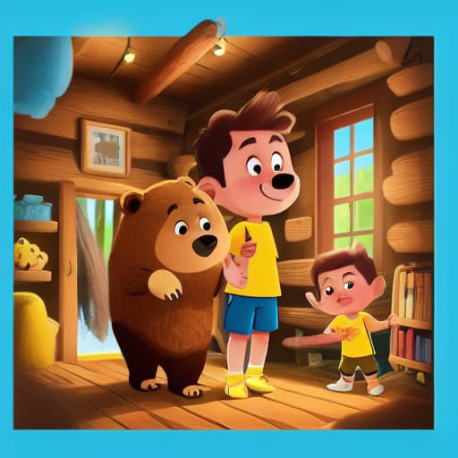  a boy with yellow shirt, short brown hair, blue shorts is standing next to a bear, in the cabin, dim light