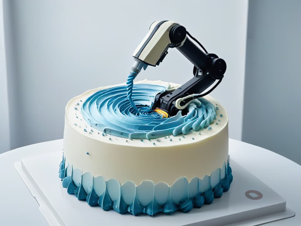  An ultradetailed 8k image of a sleek, futuristic robotic arm delicately piping intricate swirls of colorful frosting onto a perfectly crafted cake, set against a pristine white backdrop. The robotic arm is adorned with advanced sensors and precision tools, showcasing a seamless fusion of technology and artistry in the realm of innovative pastry creation. hyperrealistic, full body, detailed clothing, highly detailed, cinematic lighting, stunningly beautiful, intricate, sharp focus, f/1. 8, 85mm, (centered image composition), (professionally color graded), ((bright soft diffused light)), volumetric fog, trending on instagram, trending on tumblr, HDR 4K, 8K