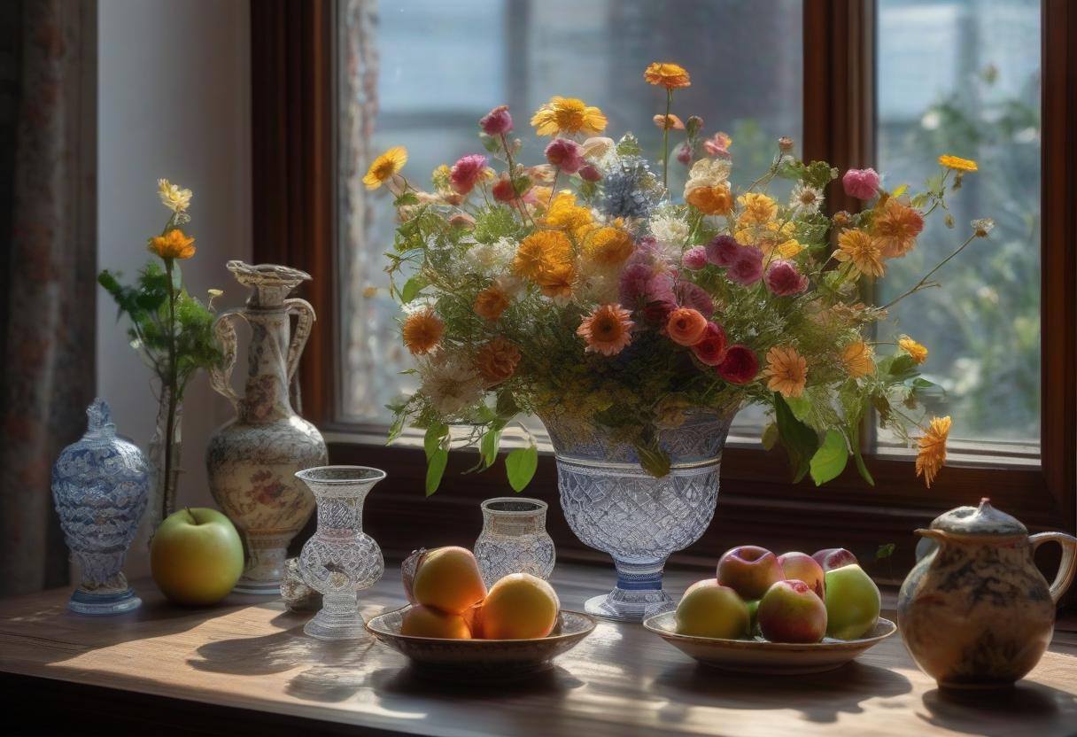  Vase with flowers, a teacup and a fruit bowl on the table. Vase: Made of transparent crystal, filled with a bouquet of field flowers daisies, peas, and bells. Bowl: Made of ceramics, filled with apples, pears, and grapes. Table: Wooden, with a brown surface, covered with a tablecloth with lace. Background: Window with a windowsill. On the windowsill indoor plants and a cat. Outside the window a summer landscape. Light: Natural, falls from the window, illuminating the vase, bowl, and fruits. Composition: The vase is in the center of the table. The fruit bowl and the teacup to the left of the vase. Flowers and fruits bright, contrasting with the dark backdrop. On the table, next to the vase, lies a knife. Style: Constantine Korovin. hyperrealistic, full body, detailed clothing, highly detailed, cinematic lighting, stunningly beautiful, intricate, sharp focus, f/1. 8, 85mm, (centered image composition), (professionally color graded), ((bright soft diffused light)), volumetric fog, trending on instagram, trending on tumblr, HDR 4K, 8K