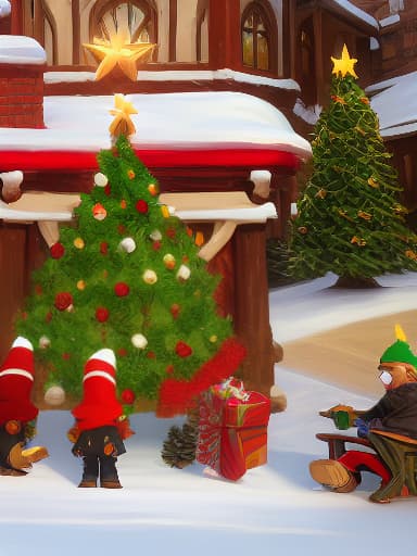 arcane style arcane style, Create a heartwarming scene of Rae Dunn-inspired holiday gnomes joyfully decorating a Christmas tree by a cozy fire, capturing the whimsical charm of the season, (masterpiece:1.4), best quality, high quality, highly detailed, ultra detail, ultra detailed, unreal engine 5, HDR 4K, 8K