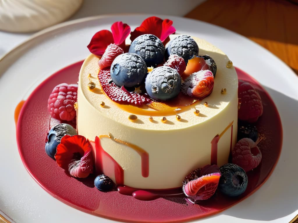  A closeup, ultradetailed image of a perfectly plated dessert showcasing intricate layers of creamy mousse, delicate sponge cake, glossy ganache, and edible flower garnish on a sleek, modern ceramic plate. The dessert is elegantly drizzled with raspberry coulis, dusted with gold flakes, and surrounded by artistically placed fresh berries. The lighting is soft, highlighting the textures and colors of the dessert, creating a visually stunning and sophisticated aesthetic. hyperrealistic, full body, detailed clothing, highly detailed, cinematic lighting, stunningly beautiful, intricate, sharp focus, f/1. 8, 85mm, (centered image composition), (professionally color graded), ((bright soft diffused light)), volumetric fog, trending on instagram, trending on tumblr, HDR 4K, 8K