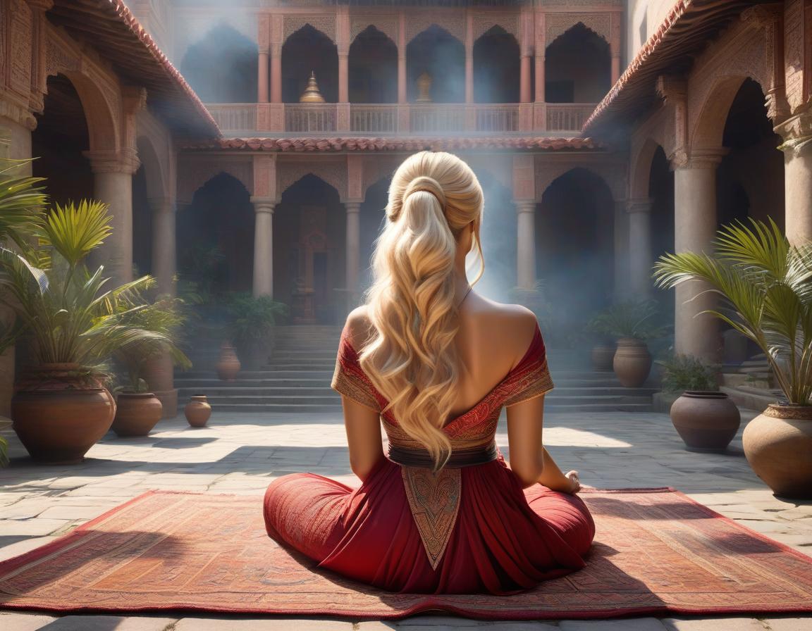  Representative art of a place where inventions and adventures feel, a very detailed and deep depiction. A blonde woman with a beautiful back wearing ethnic clothing sits in the courtyard on a rug with raised hands above her head. There is a misty haze behind her. Use only three colors and their shades. hyperrealistic, full body, detailed clothing, highly detailed, cinematic lighting, stunningly beautiful, intricate, sharp focus, f/1. 8, 85mm, (centered image composition), (professionally color graded), ((bright soft diffused light)), volumetric fog, trending on instagram, trending on tumblr, HDR 4K, 8K