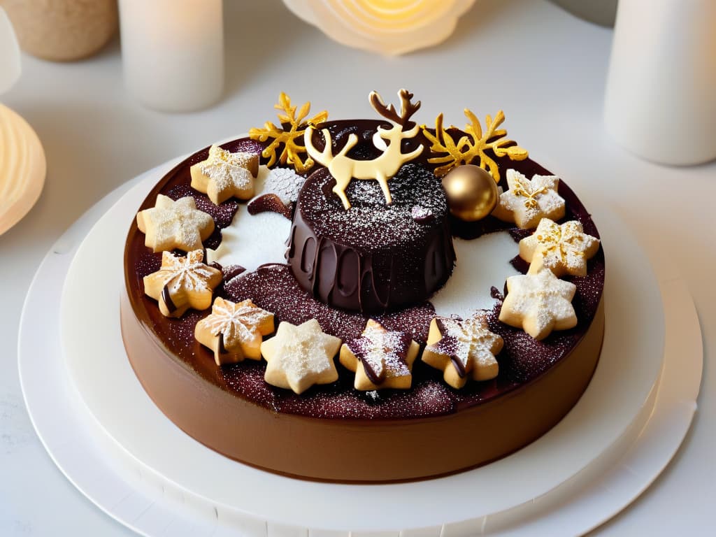  A closeup, ultradetailed image of a modern, minimalistic Christmas dessert platter featuring intricately decorated gingerbread cookies shaped like snowflakes and reindeer, surrounded by elegant chocolate truffles dusted with edible gold flakes. The cookies are artfully arranged on a sleek white ceramic plate, with a scattering of fresh cranberries and sprigs of fragrant rosemary for a festive touch. The lighting is soft and warm, casting gentle shadows that highlight the exquisite details of the desserts, making them look almost too beautiful to eat. hyperrealistic, full body, detailed clothing, highly detailed, cinematic lighting, stunningly beautiful, intricate, sharp focus, f/1. 8, 85mm, (centered image composition), (professionally color graded), ((bright soft diffused light)), volumetric fog, trending on instagram, trending on tumblr, HDR 4K, 8K