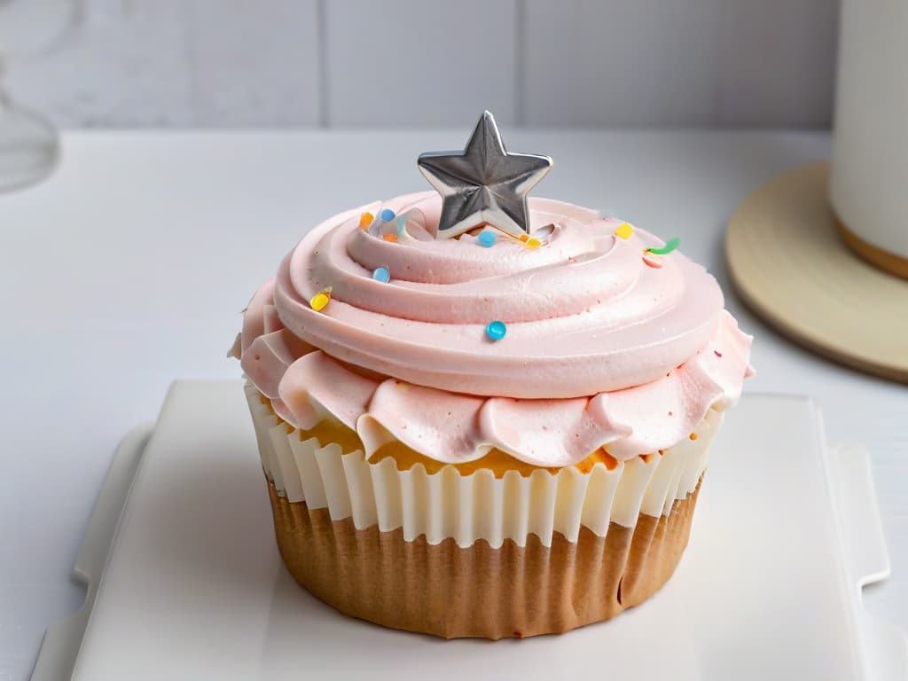  A closeup, ultradetailed image of a single Magnolia Bakery cupcake delicately topped with pastel pink buttercream frosting, adorned with a sprinkle of rainbow confetti and a small edible silver star. The cupcake sits on a pristine white porcelain plate, capturing every tiny detail of the fluffy cake texture and the glossy sheen of the frosting, inviting the viewer to almost taste the sweetness through the screen. hyperrealistic, full body, detailed clothing, highly detailed, cinematic lighting, stunningly beautiful, intricate, sharp focus, f/1. 8, 85mm, (centered image composition), (professionally color graded), ((bright soft diffused light)), volumetric fog, trending on instagram, trending on tumblr, HDR 4K, 8K