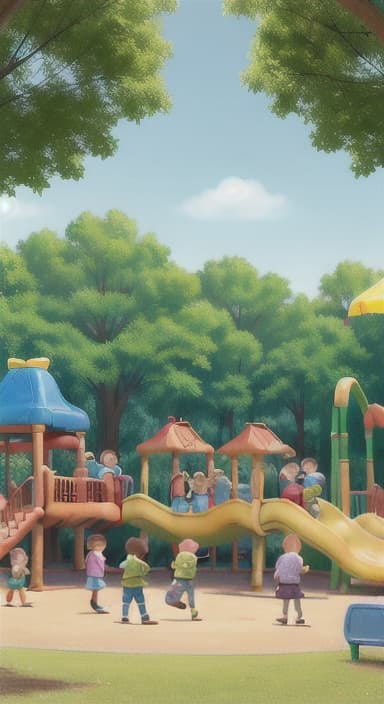  {Children playing in a sunny park with swings and slides., Same group of happy children, now wearing casual play clothes.