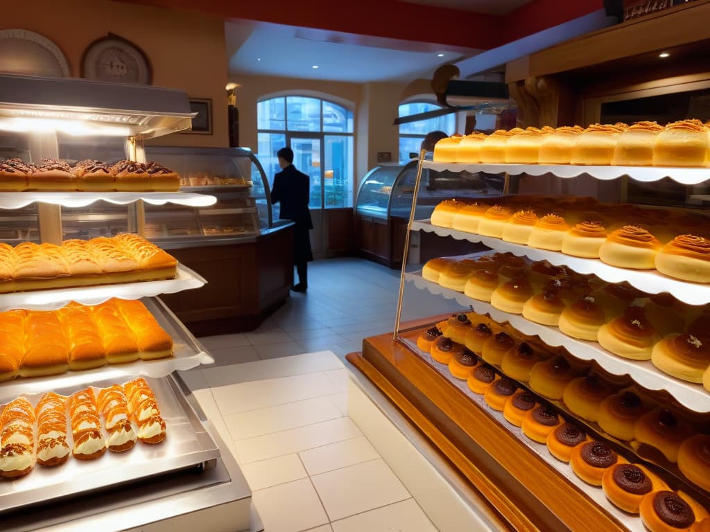  A photorealistic image of a grand German bakery filled with an array of decadent pastries and cakes displayed on ornate trays. The warm glow of the ambient lighting highlights the intricate details of each dessert, from traditional Black Forest cakes to delicate marzipan treats. In the background, skilled bakers in traditional attire are seen meticulously crafting exquisite pastries, adding a sense of authenticity and craftsmanship to the bustling bakery scene. hyperrealistic, full body, detailed clothing, highly detailed, cinematic lighting, stunningly beautiful, intricate, sharp focus, f/1. 8, 85mm, (centered image composition), (professionally color graded), ((bright soft diffused light)), volumetric fog, trending on instagram, trending on tumblr, HDR 4K, 8K