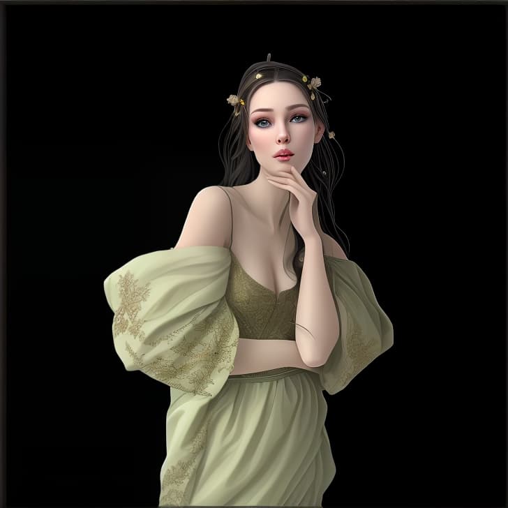 mdjrny-v4 style Create a Fantasy style avatar of a female Elf. Prominent Elf Ears, ears should be pointed, long, sharp, visible behind the hair. The character should have long, flowing silver hair, caught in a bun, adorned with delicate flowers. Her eyes should be almond shaped and bright green. She should wear an elegant, fitted tunic with intricate leaf patterns and embroidery. Her ears should be pointed and prominent, a defining feature of Elves. She should have a graceful and slender build, with pale, smooth skin.