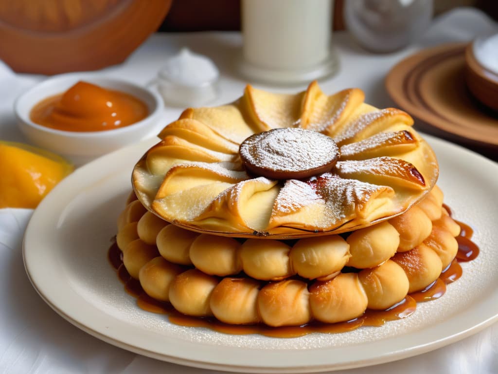  A closeup, ultradetailed image of freshly made sopaipillas pasadas elegantly arranged on a traditional Chilean ceramic plate, drizzled with goldenhued chancaca syrup and topped with a dollop of creamy handmade manjar. The sopaipillas glisten under soft ambient lighting, showcasing the intricate textures of the fried dough and the rich, caramelized syrup, inviting the viewer to savor the essence of this beloved Chilean culinary tradition. hyperrealistic, full body, detailed clothing, highly detailed, cinematic lighting, stunningly beautiful, intricate, sharp focus, f/1. 8, 85mm, (centered image composition), (professionally color graded), ((bright soft diffused light)), volumetric fog, trending on instagram, trending on tumblr, HDR 4K, 8K