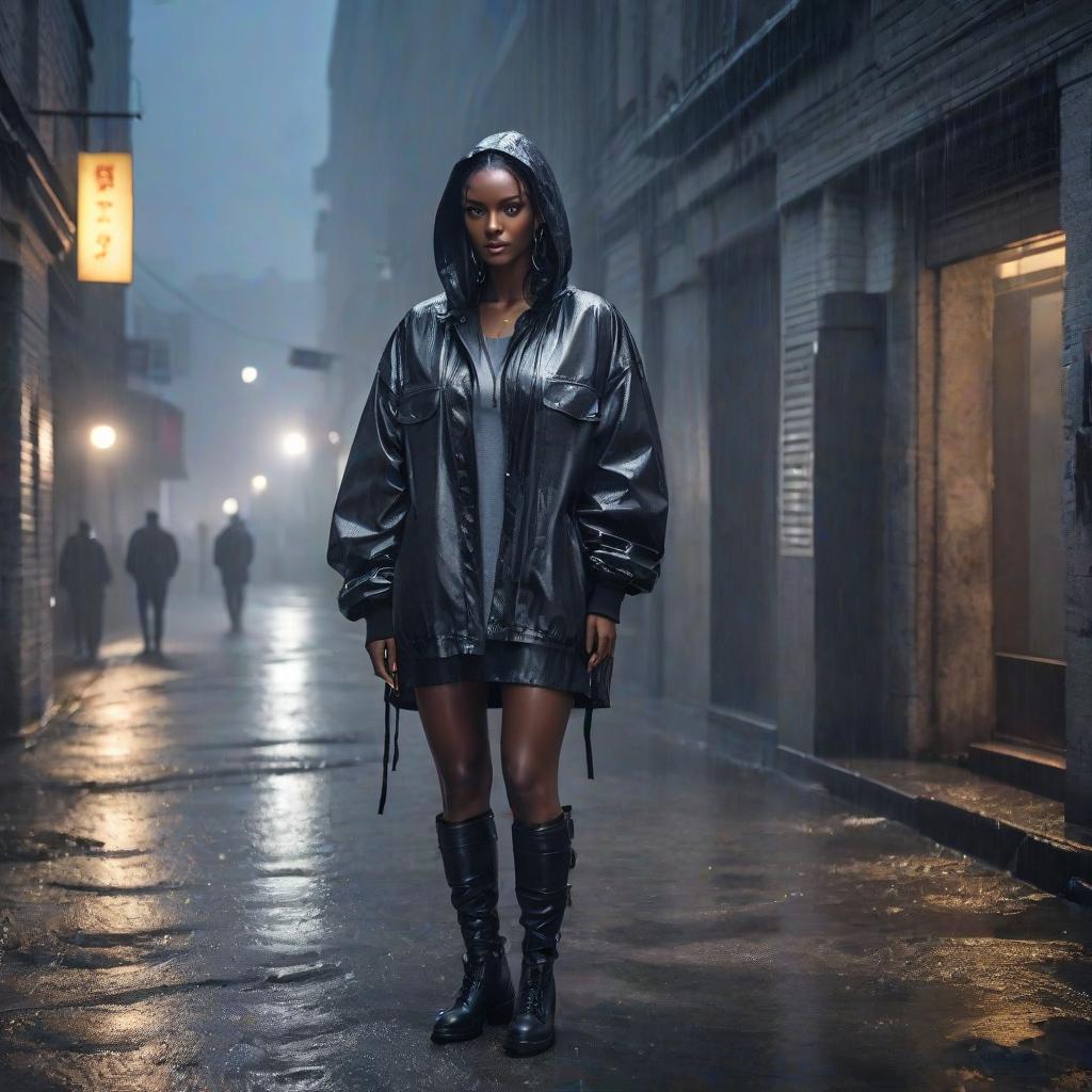  Night city, heavy rain, , , dark skin, big s, torn clothes, leaning on concrete wall hyperrealistic, full body, detailed clothing, highly detailed, cinematic lighting, stunningly beautiful, intricate, sharp focus, f/1. 8, 85mm, (centered image composition), (professionally color graded), ((bright soft diffused light)), volumetric fog, trending on instagram, trending on tumblr, HDR 4K, 8K