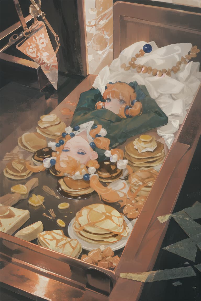  master piece , best quality,Orange hair, pigtails, girls, casket caps, pancakes