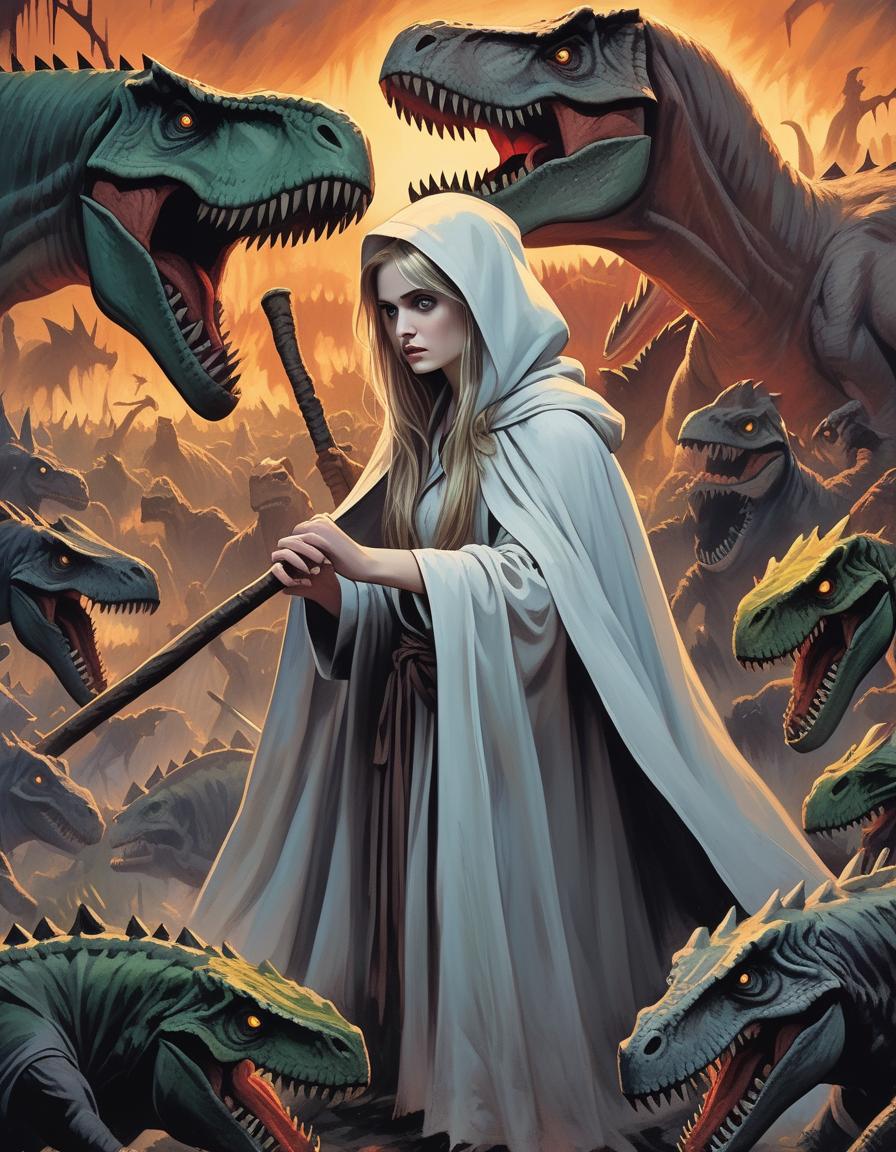  horror themed (Masterpiece, acrylic painting:1.4), half in white cloak with long hair huddles in terror against a dinosaur who protects her from a mob of zombies with sticks and bats, (dinosaur protects from mob of zombies:1.4), close up, (splash art:1.2), intense close up, high quality, high resolution, dynamic perspective, style of Peder Balke, style of George B. Bridgman, style of Jesper Ejsing. Bridgman, style of Jesper Ejsing, high quality, high resolution, lots of detail. . eerie, unsettling, dark, spooky, suspenseful, grim, highly detailed hyperrealistic, full body, detailed clothing, highly detailed, cinematic lighting, stunningly beautiful, intricate, sharp focus, f/1. 8, 85mm, (centered image composition), (professionally color graded), ((bright soft diffused light)), volumetric fog, trending on instagram, trending on tumblr, HDR 4K, 8K