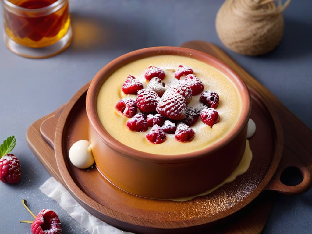  A closeup, photorealistic image of a perfectly caramelized Crema Catalana in a traditional clay cazuela, with a sprinkle of cinnamon and a few fresh raspberries on top. The creamy custard is velvety smooth and showcases a rich golden hue from the caramelization process. The surface of the dessert is glistening under a soft natural light, highlighting the intricate details of the sugar crust and the vibrant red of the raspberries. The background is subtly blurred to keep the focus on the exquisite dessert, creating a mouthwatering and visually captivating scene. hyperrealistic, full body, detailed clothing, highly detailed, cinematic lighting, stunningly beautiful, intricate, sharp focus, f/1. 8, 85mm, (centered image composition), (professionally color graded), ((bright soft diffused light)), volumetric fog, trending on instagram, trending on tumblr, HDR 4K, 8K