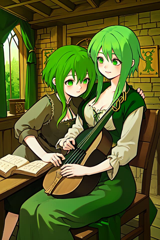  Green hair character comfortable medieval music, fantasy bard, tavern atmosphere