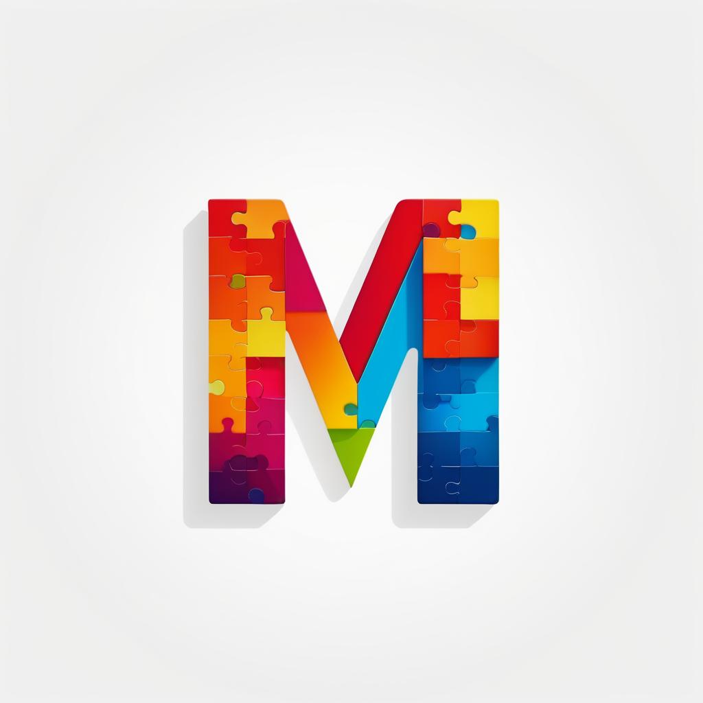  Logo, abstract logo of letter M from colored puzzles on white background.