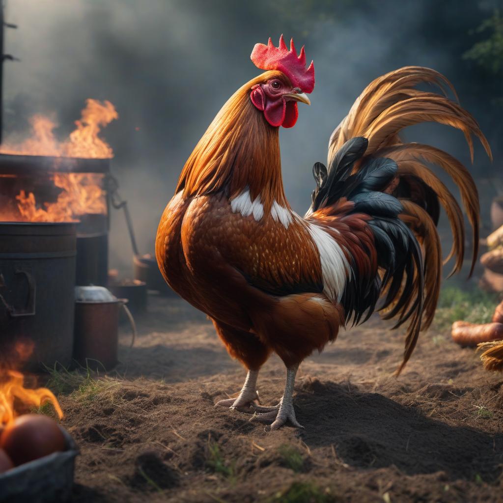  May Day, the hen is lame and the rooster is lame, he choked on a sausage. hyperrealistic, full body, detailed clothing, highly detailed, cinematic lighting, stunningly beautiful, intricate, sharp focus, f/1. 8, 85mm, (centered image composition), (professionally color graded), ((bright soft diffused light)), volumetric fog, trending on instagram, trending on tumblr, HDR 4K, 8K