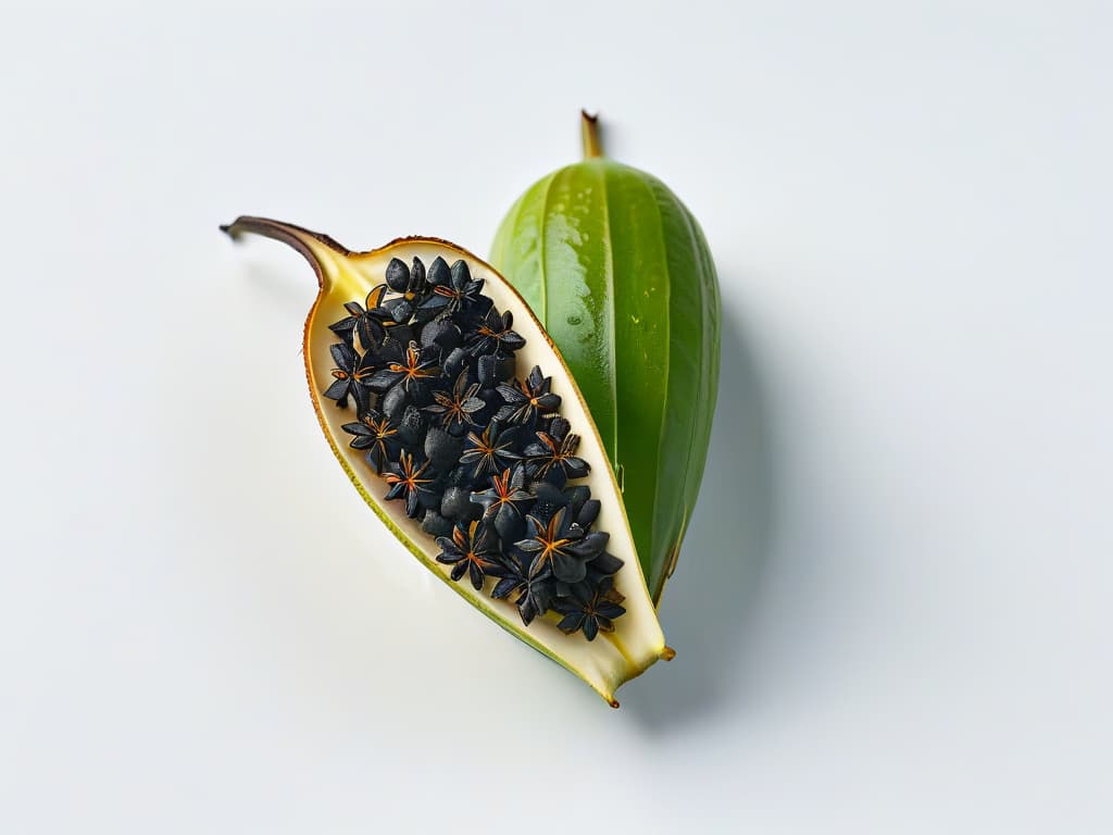  An ultradetailed, minimalistic image of a delicate vanilla bean pod split open, revealing the tiny black seeds against a pristine white background. The intricate details of the pod and seeds are highlighted, showcasing the natural beauty and essence of this key ingredient in pastry making. hyperrealistic, full body, detailed clothing, highly detailed, cinematic lighting, stunningly beautiful, intricate, sharp focus, f/1. 8, 85mm, (centered image composition), (professionally color graded), ((bright soft diffused light)), volumetric fog, trending on instagram, trending on tumblr, HDR 4K, 8K