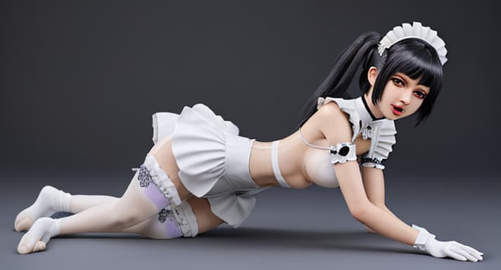  cute Maid on her knees, skimpy outfit, ahegao face, realistic detail, full body view