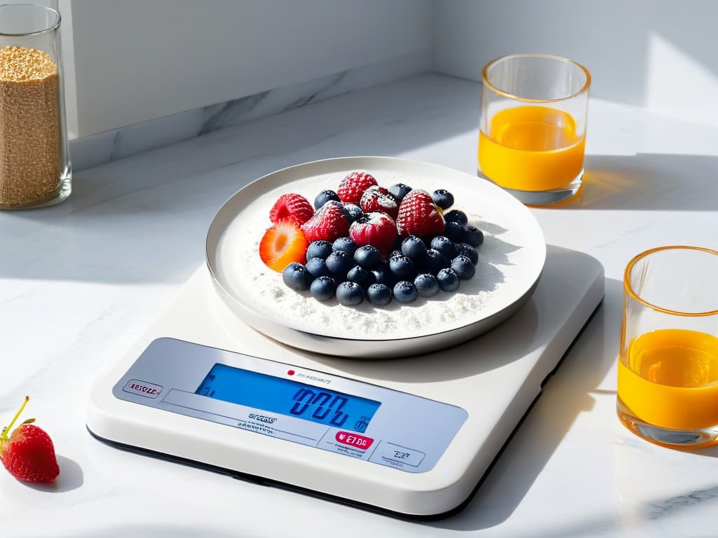  A photorealistic image of a sleek, modern digital kitchen scale with a highresolution LED display showing precise measurements of various ingredients like flour, berries, and nuts. The scale is placed on a marble countertop with soft natural lighting coming in from a nearby window, highlighting the precision and accuracy of the kitchen tool. hyperrealistic, full body, detailed clothing, highly detailed, cinematic lighting, stunningly beautiful, intricate, sharp focus, f/1. 8, 85mm, (centered image composition), (professionally color graded), ((bright soft diffused light)), volumetric fog, trending on instagram, trending on tumblr, HDR 4K, 8K