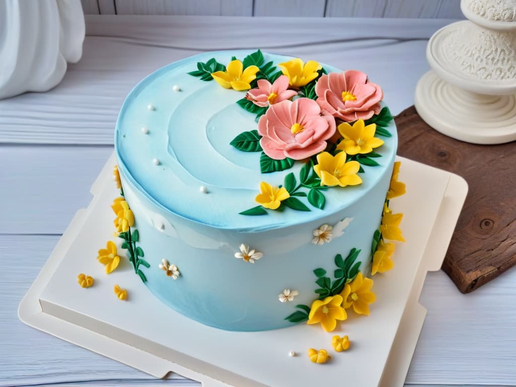  A photorealistic image of a beautifully decorated glutenfree cake, featuring intricate floral designs made out of fondant in pastel colors, sitting on a rustic wooden table with soft natural lighting highlighting the textures and details of the cake. hyperrealistic, full body, detailed clothing, highly detailed, cinematic lighting, stunningly beautiful, intricate, sharp focus, f/1. 8, 85mm, (centered image composition), (professionally color graded), ((bright soft diffused light)), volumetric fog, trending on instagram, trending on tumblr, HDR 4K, 8K