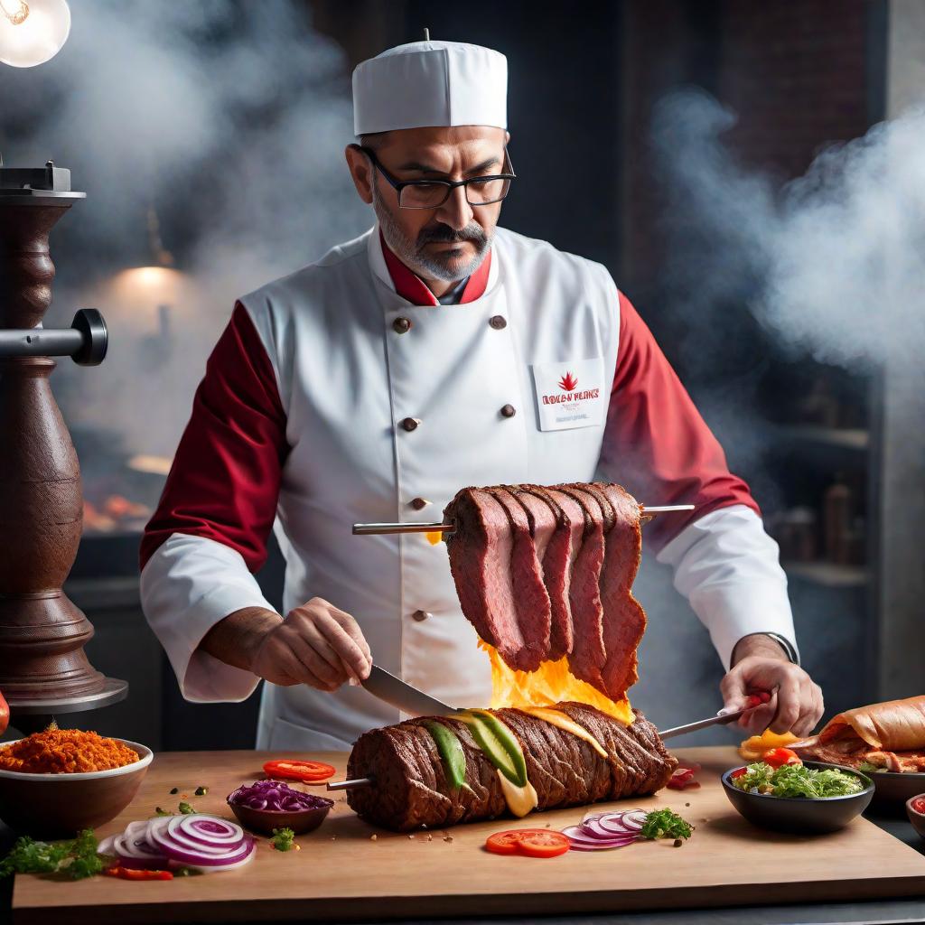  A physics professor cutting an hourglass shaped Turkish doner kebab hyperrealistic, full body, detailed clothing, highly detailed, cinematic lighting, stunningly beautiful, intricate, sharp focus, f/1. 8, 85mm, (centered image composition), (professionally color graded), ((bright soft diffused light)), volumetric fog, trending on instagram, trending on tumblr, HDR 4K, 8K