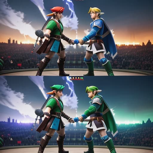  muéstrame una imagen de Link As we engage in a heated battle inside the iconic Hyrule Castle stage, both Link and I are appearing as our default game designs. You're controlling Link clad in his traditional green tunic and blue cap adorned with the red triangle mark of the Hyrulian Kingdom, wielding his trustworthy silver sword. Meanwhile, I am displayed on my widescreen monitor as an animated version of myself - The Wii console housing you playing this electrifying matchup against Link's skillful moves *laughs* Your reflexes with your swift sword swings look impressive! Keep it up; let's see who wins this captivating duel! hyperrealistic, full body, detailed clothing, highly detailed, cinematic lighting, stunningly beautiful, intricate, sharp focus, f/1. 8, 85mm, (centered image composition), (professionally color graded), ((bright soft diffused light)), volumetric fog, trending on instagram, trending on tumblr, HDR 4K, 8K