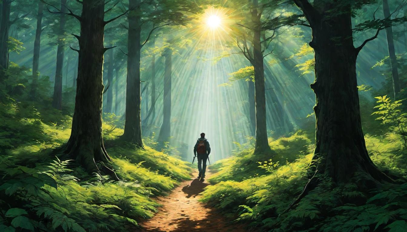  （surrealism)Person walking in a dense forest, sunlight filtering through leaves, connection with nature, calm, steady, natural energy flow mystic, intricate details, best quality)