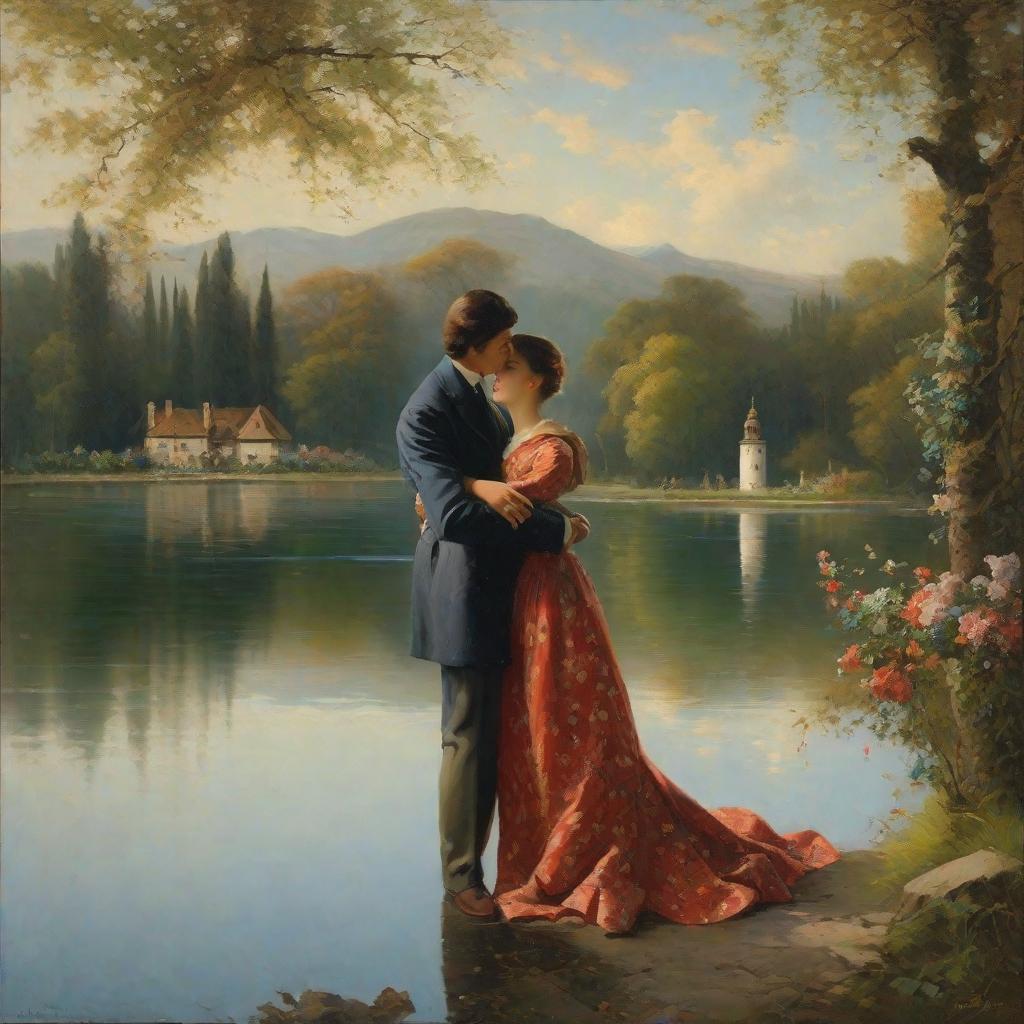  masterpiece, best quality,A couple looking at each other by the lake