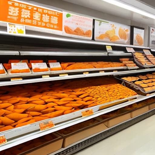  A poster of a sweet potato baking shop, containing the main products, such as: sweet potato chips, dried sweet potatoes, sweet potato wheat full score, etc., mainly orange or yellow color, shop name "sweet potato full," requirements Chinese ，