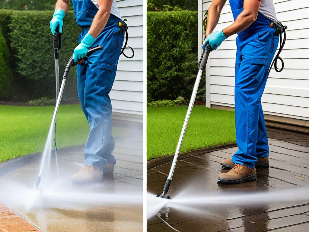  realistic photograph of examples of power washing, the method of cleaning outdoor surfaces with pressurized water.