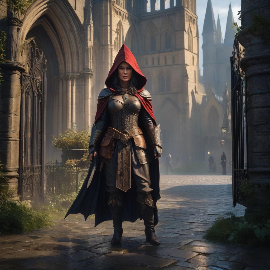  Battering rain. A little woman, gnome like in stature, in dirty travel clothes, armor, cloak and hood on her head, stands in front of the abbey entrance. Warm, cozy light pours out of the building's gates. Behind the woman hovers a horrible creature in the form of a shadow representing guilt. hyperrealistic, full body, detailed clothing, highly detailed, cinematic lighting, stunningly beautiful, intricate, sharp focus, f/1. 8, 85mm, (centered image composition), (professionally color graded), ((bright soft diffused light)), volumetric fog, trending on instagram, trending on tumblr, HDR 4K, 8K