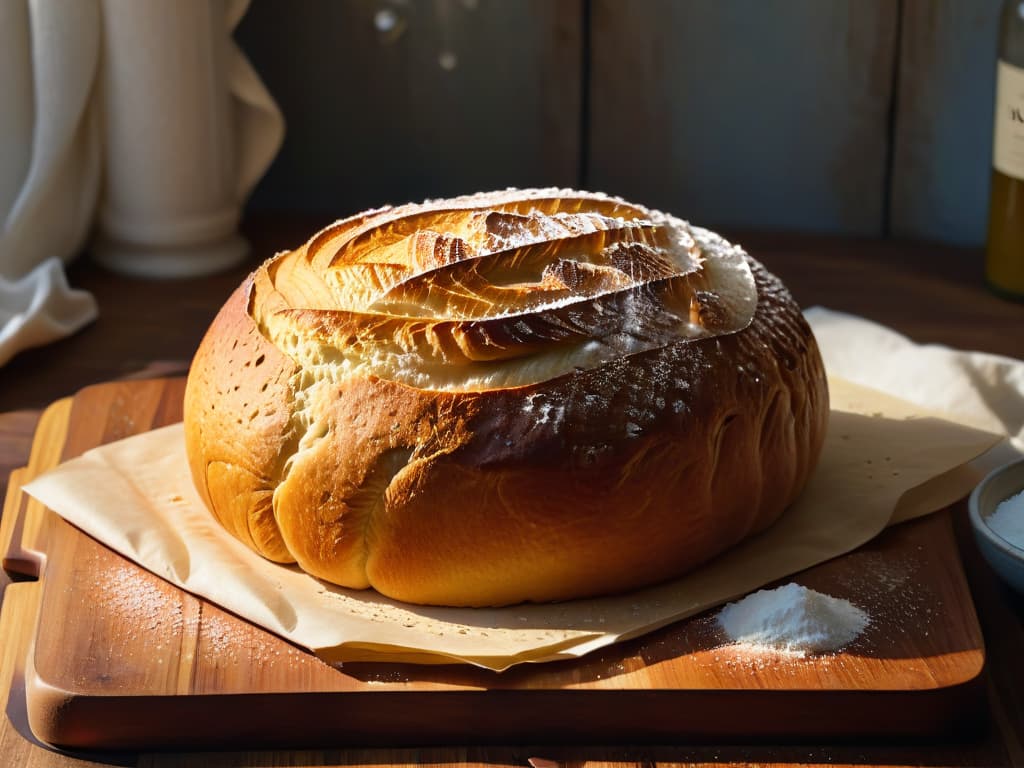  A closeup, ultradetailed image of a perfectly golden and crusty loaf of artisanal bread, sprinkled with a light dusting of flour, resting on a rustic wooden cutting board. The texture of the bread's crust is prominently featured, showcasing intricate cracks and bubbles formed during the baking process. The lighting is soft and natural, casting gentle shadows that enhance the depth and warmth of the scene. hyperrealistic, full body, detailed clothing, highly detailed, cinematic lighting, stunningly beautiful, intricate, sharp focus, f/1. 8, 85mm, (centered image composition), (professionally color graded), ((bright soft diffused light)), volumetric fog, trending on instagram, trending on tumblr, HDR 4K, 8K