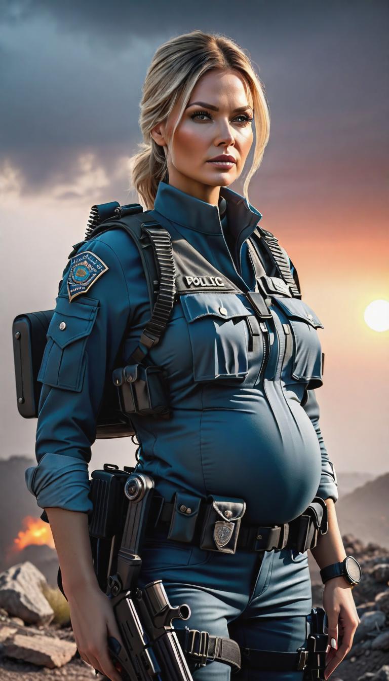  Post apocalyptic style depiction of Pregnant police officer . Futuristic, technological, survival in the wasteland, desolate cities, and the resilience and survival instincts of humanity theme. hyperrealistic, full body, detailed clothing, highly detailed, cinematic lighting, stunningly beautiful, intricate, sharp focus, f/1. 8, 85mm, (centered image composition), (professionally color graded), ((bright soft diffused light)), volumetric fog, trending on instagram, trending on tumblr, HDR 4K, 8K