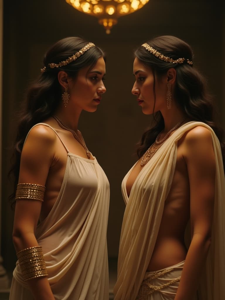  this editorial photograph showcases a cinematic aesthetic, capturing a scene reminiscent of an action movie still with a mystical atmosphere. it features two roman female patricians, depicted in a moment of conversation. they are dressed in transparent togas, adorned with golden jewelry on their arms, exuding an air of superiority. their voluptuous figures and lavish appearance add to the narrative depth. the image employs rollei retro film grain and is lit from the left side, enhancing the dramatic and historical essence.