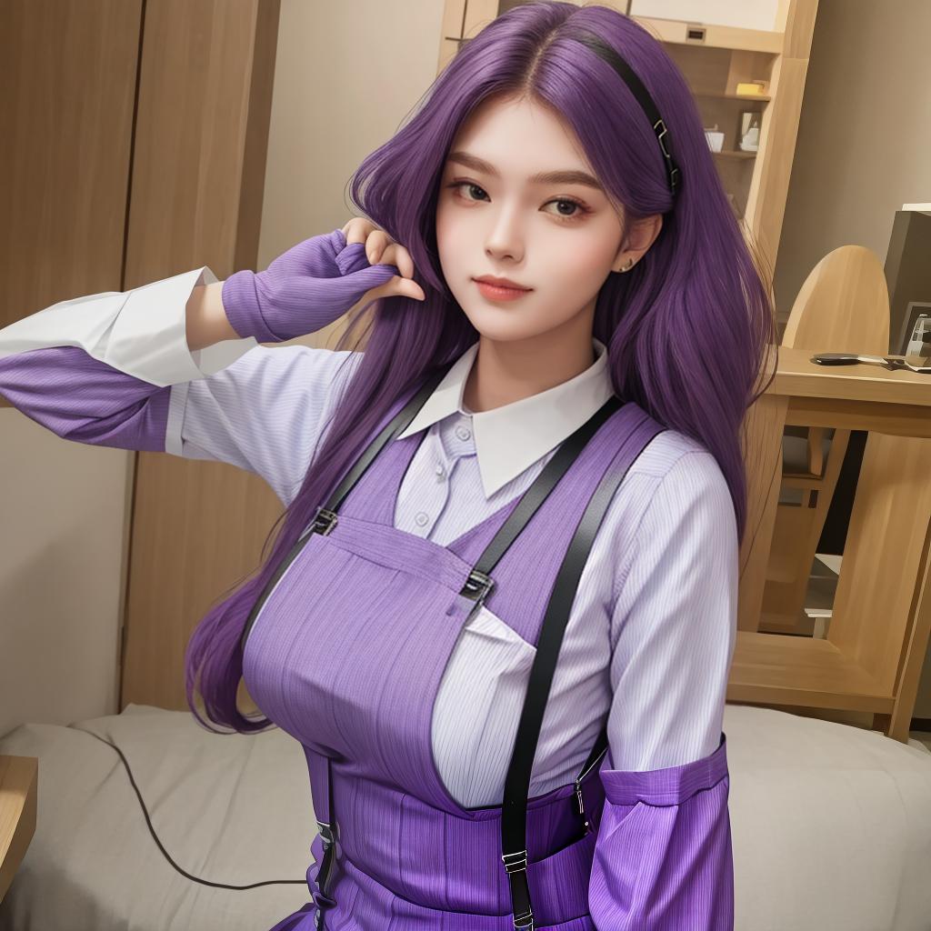  Masterpiece, best quality, wearing purple suspenders female model