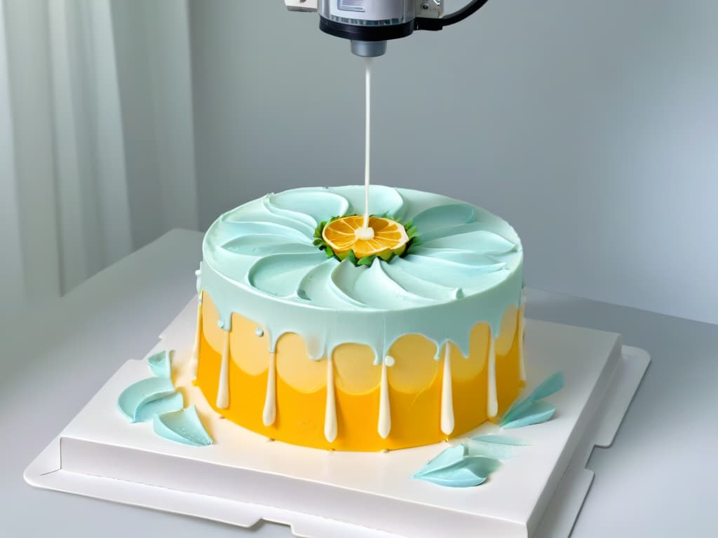  A closeup, ultradetailed image of a 3D printer delicately crafting intricate lacelike patterns out of edible sugar paste on a vibrant, freshly baked cake. The focus is on the precision of the printer's nozzle as it moves gracefully, creating a mesmerizing symphony of artistry and technology in the realm of pastry decoration. The colors are rich and vivid, showcasing the fusion of cuttingedge innovation and traditional culinary craftsmanship in a visually stunning, minimalistic composition. hyperrealistic, full body, detailed clothing, highly detailed, cinematic lighting, stunningly beautiful, intricate, sharp focus, f/1. 8, 85mm, (centered image composition), (professionally color graded), ((bright soft diffused light)), volumetric fog, trending on instagram, trending on tumblr, HDR 4K, 8K