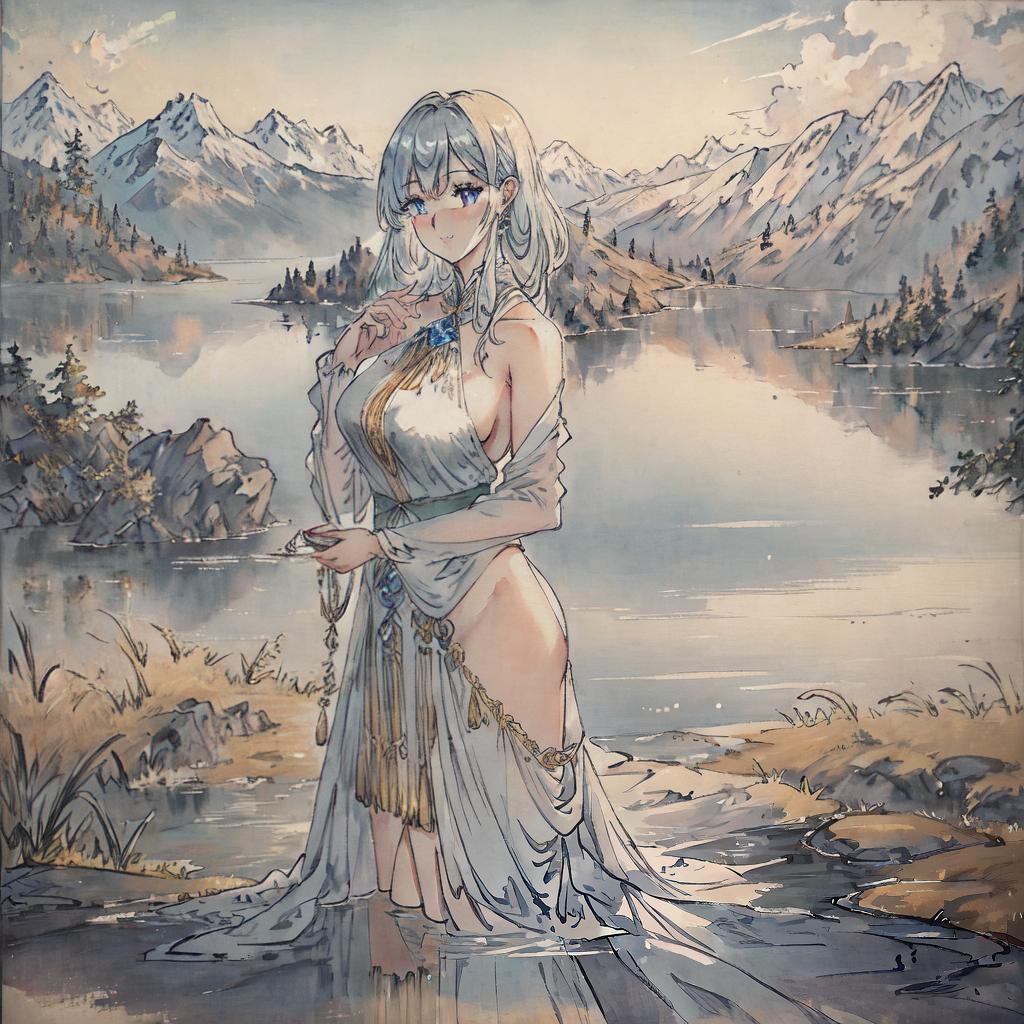  ((masterpiece)), (((best quality))), 8k, high detailed, ultra-detailed. A captivating painting of a nude woman, (posing gracefully), against a backdrop of a serene lake reflecting the moonlight, with distant mountains shrouded in mist. hyperrealistic, full body, detailed clothing, highly detailed, cinematic lighting, stunningly beautiful, intricate, sharp focus, f/1. 8, 85mm, (centered image composition), (professionally color graded), ((bright soft diffused light)), volumetric fog, trending on instagram, trending on tumblr, HDR 4K, 8K