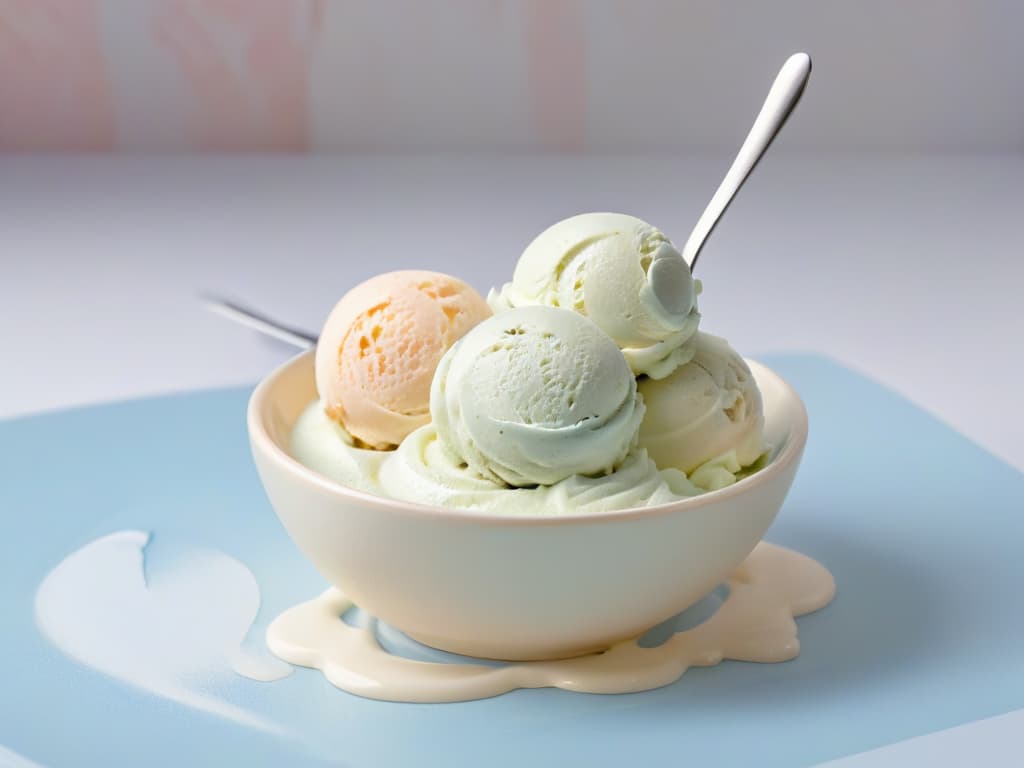  An ultradetailed, minimalist image of a scoop of creamy, homemade ice cream sitting elegantly on a sleek, modern spoon. The ice cream is perfectly swirled, showcasing a velvety texture, with tiny vanilla bean specks visible throughout. The background is a soft, muted pastel color that enhances the simplicity and elegance of the dessert. hyperrealistic, full body, detailed clothing, highly detailed, cinematic lighting, stunningly beautiful, intricate, sharp focus, f/1. 8, 85mm, (centered image composition), (professionally color graded), ((bright soft diffused light)), volumetric fog, trending on instagram, trending on tumblr, HDR 4K, 8K