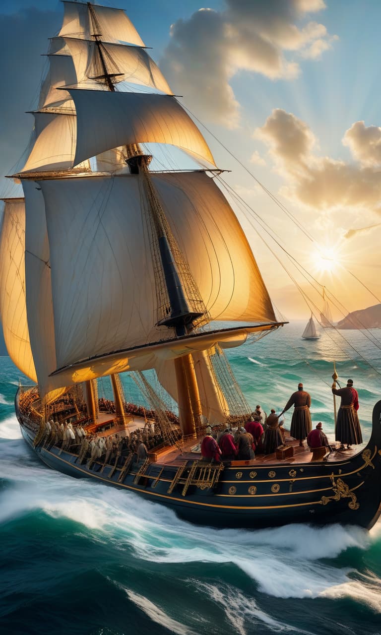  (digital painting) Black Sea, ancient times, Greece, gallery ship, white sail, excursions, the Golden Fleece emblem on the sail hyperrealistic, full body, detailed clothing, highly detailed, cinematic lighting, stunningly beautiful, intricate, sharp focus, f/1. 8, 85mm, (centered image composition), (professionally color graded), ((bright soft diffused light)), volumetric fog, trending on instagram, trending on tumblr, HDR 4K, 8K