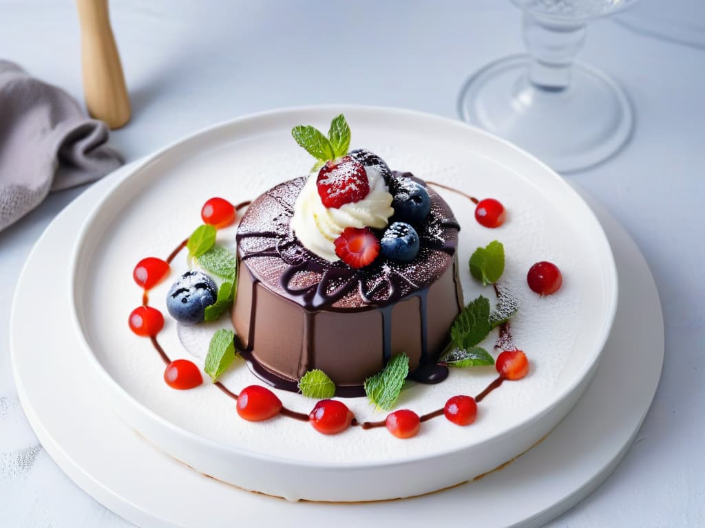  A minimalist and elegant image of a scoop of sugarfree ice cream topped with fresh berries, mint leaves, and a drizzle of sugarfree chocolate sauce, all beautifully arranged on a sleek, modern white plate. The ice cream scoop is perfectly rounded and smooth, with a glistening texture that reflects the light, showcasing its creamy consistency. The vibrant colors of the berries pop against the white backdrop, creating a visually striking and appetizing composition that conveys the essence of delicious diabeticfriendly desserts. hyperrealistic, full body, detailed clothing, highly detailed, cinematic lighting, stunningly beautiful, intricate, sharp focus, f/1. 8, 85mm, (centered image composition), (professionally color graded), ((bright soft diffused light)), volumetric fog, trending on instagram, trending on tumblr, HDR 4K, 8K