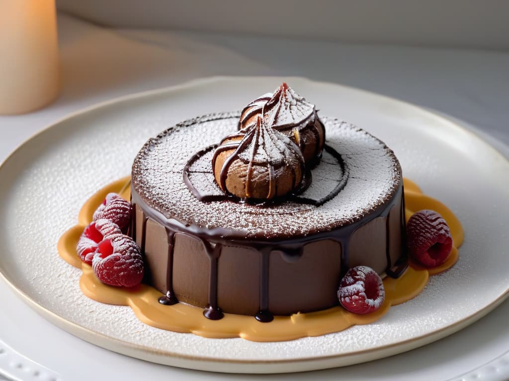  An ultradetailed image of a closeup shot of a decadent dessert on a sleek, minimalistic plate. The dessert is a delicate chocolate lava cake with a golden caramel drizzle cascading down the side, topped with a single plump raspberry dusted with powdered sugar. The plate rests on a polished marble surface, with soft, focused lighting that enhances the glossy texture of the dessert and creates a luxurious, elegant ambiance. hyperrealistic, full body, detailed clothing, highly detailed, cinematic lighting, stunningly beautiful, intricate, sharp focus, f/1. 8, 85mm, (centered image composition), (professionally color graded), ((bright soft diffused light)), volumetric fog, trending on instagram, trending on tumblr, HDR 4K, 8K