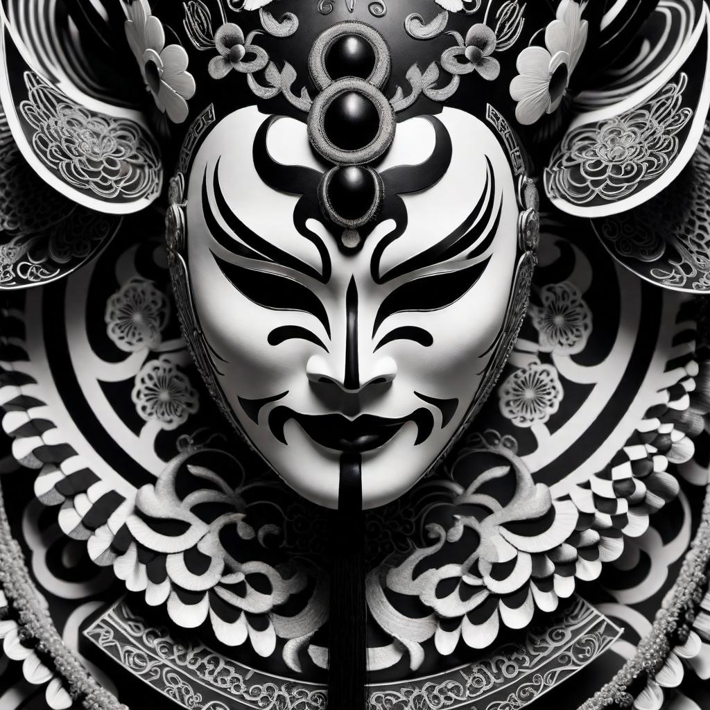  An intricate design of a kabuki mask artistically crafted in black and white, showcasing elaborate details and patterned textures. The mask should convey a sense of mystery and traditional Japanese artistry. hyperrealistic, full body, detailed clothing, highly detailed, cinematic lighting, stunningly beautiful, intricate, sharp focus, f/1. 8, 85mm, (centered image composition), (professionally color graded), ((bright soft diffused light)), volumetric fog, trending on instagram, trending on tumblr, HDR 4K, 8K