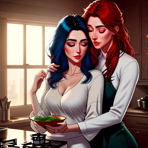  Dark haired Loki in casual clothes, hugs from behind a red haired girl who is cooking in the kitchen. hyperrealistic, full body, detailed clothing, highly detailed, cinematic lighting, stunningly beautiful, intricate, sharp focus, f/1. 8, 85mm, (centered image composition), (professionally color graded), ((bright soft diffused light)), volumetric fog, trending on instagram, trending on tumblr, HDR 4K, 8K